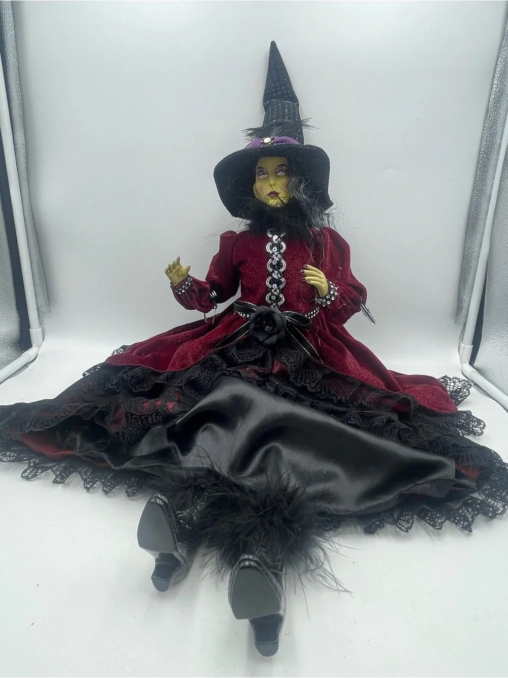 28” Whimsical Halloween Gothic Victorian Wicked Witch Shelf Sitter w/ Green Face